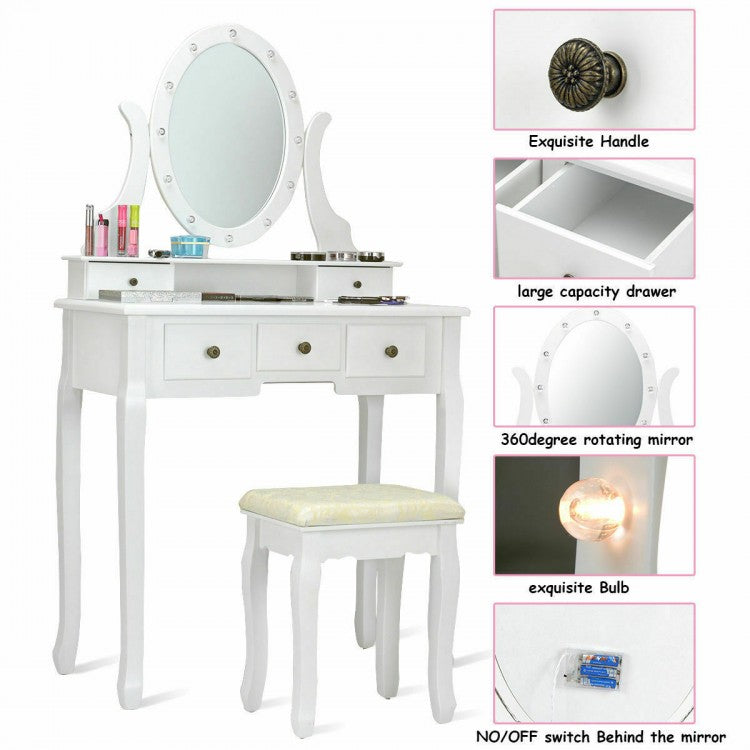 Vanity Table Set with 5 Drawers, Lighted Mirror with 12 LED Bulbs, and Cushioned Stool – White