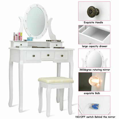 Vanity Table Set with 5 Drawers, Lighted Mirror with 12 LED Bulbs, and Cushioned Stool – White