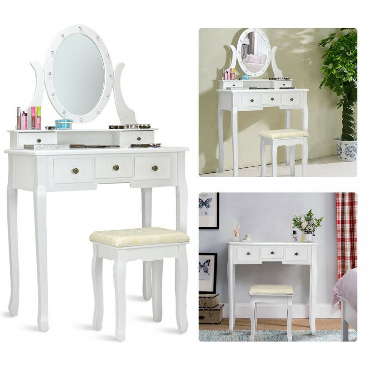Vanity Table Set with 5 Drawers, Lighted Mirror with 12 LED Bulbs, and Cushioned Stool – White