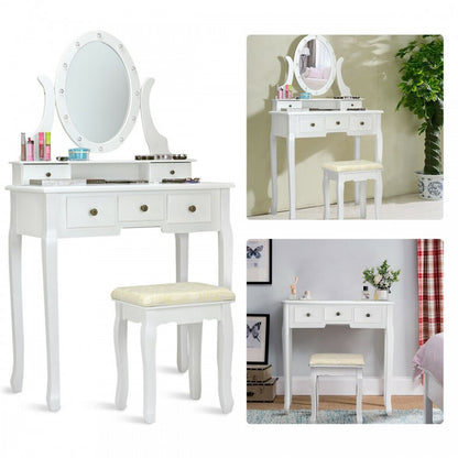 Vanity Table Set with 5 Drawers, Lighted Mirror with 12 LED Bulbs, and Cushioned Stool – White