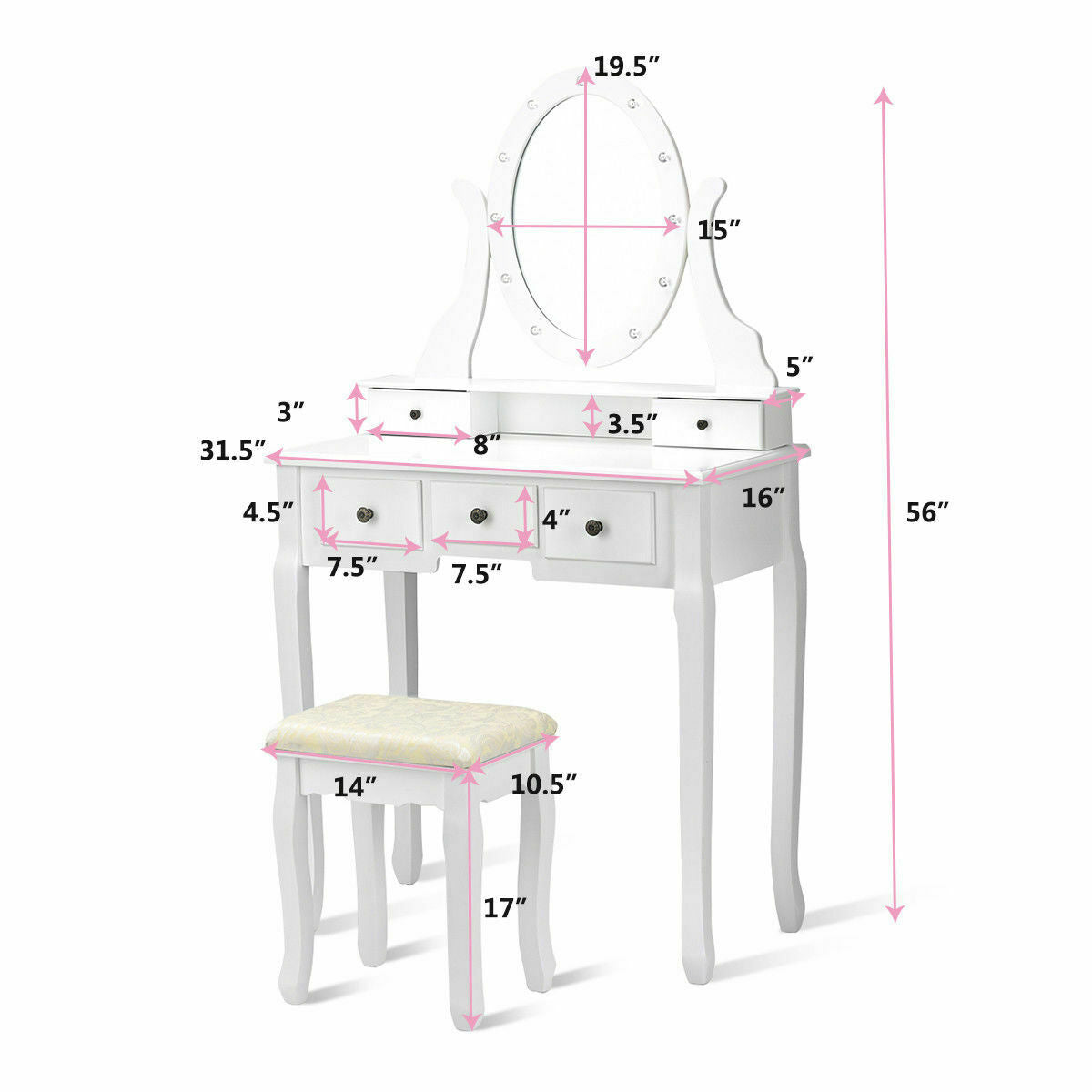 Vanity Table Set with 5 Drawers, Lighted Mirror with 12 LED Bulbs, and Cushioned Stool – White