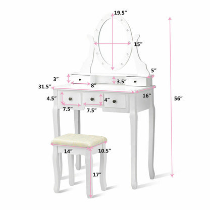 Vanity Table Set with 5 Drawers, Lighted Mirror with 12 LED Bulbs, and Cushioned Stool – White