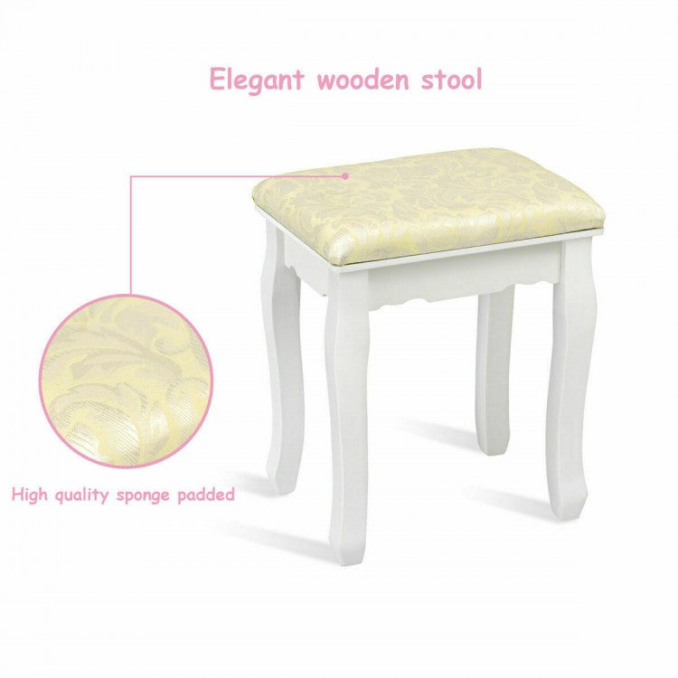 Vanity Table Set with 5 Drawers, Lighted Mirror with 12 LED Bulbs, and Cushioned Stool – White