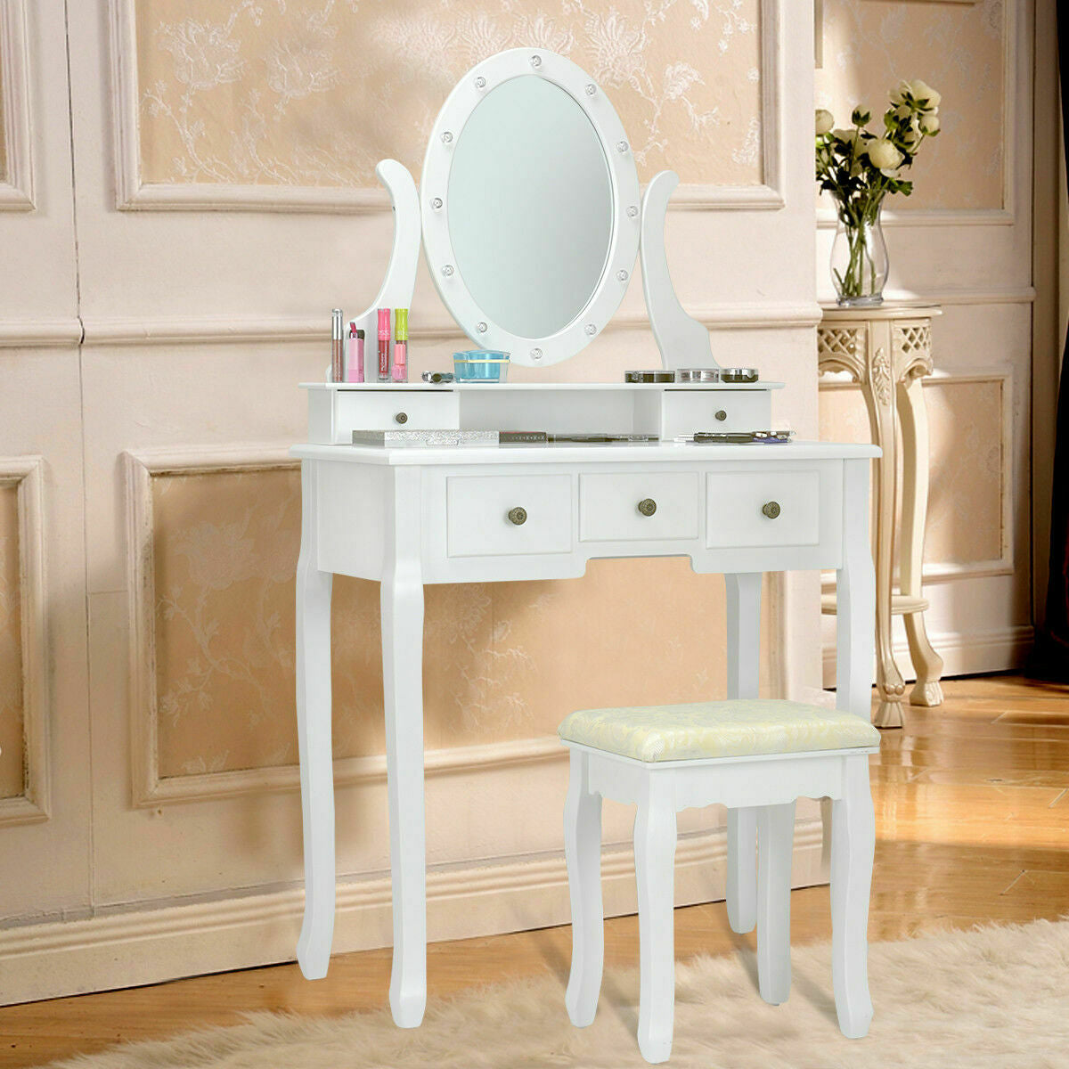 Vanity Table Set with 5 Drawers, Lighted Mirror with 12 LED Bulbs, and Cushioned Stool – White