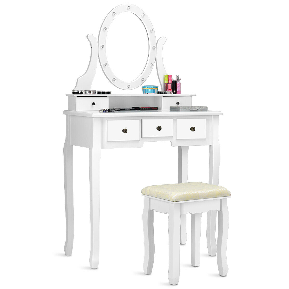 Vanity Table Set with 5 Drawers, Lighted Mirror with 12 LED Bulbs, and Cushioned Stool – White