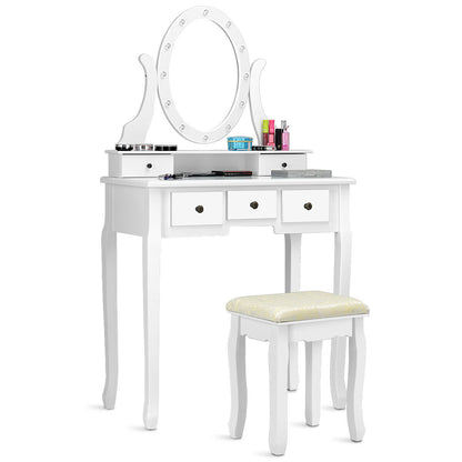 Vanity Table Set with 5 Drawers, Lighted Mirror with 12 LED Bulbs, and Cushioned Stool – White