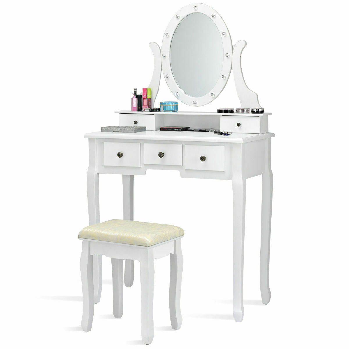 Vanity Table Set with 5 Drawers, Lighted Mirror with 12 LED Bulbs, and Cushioned Stool – White