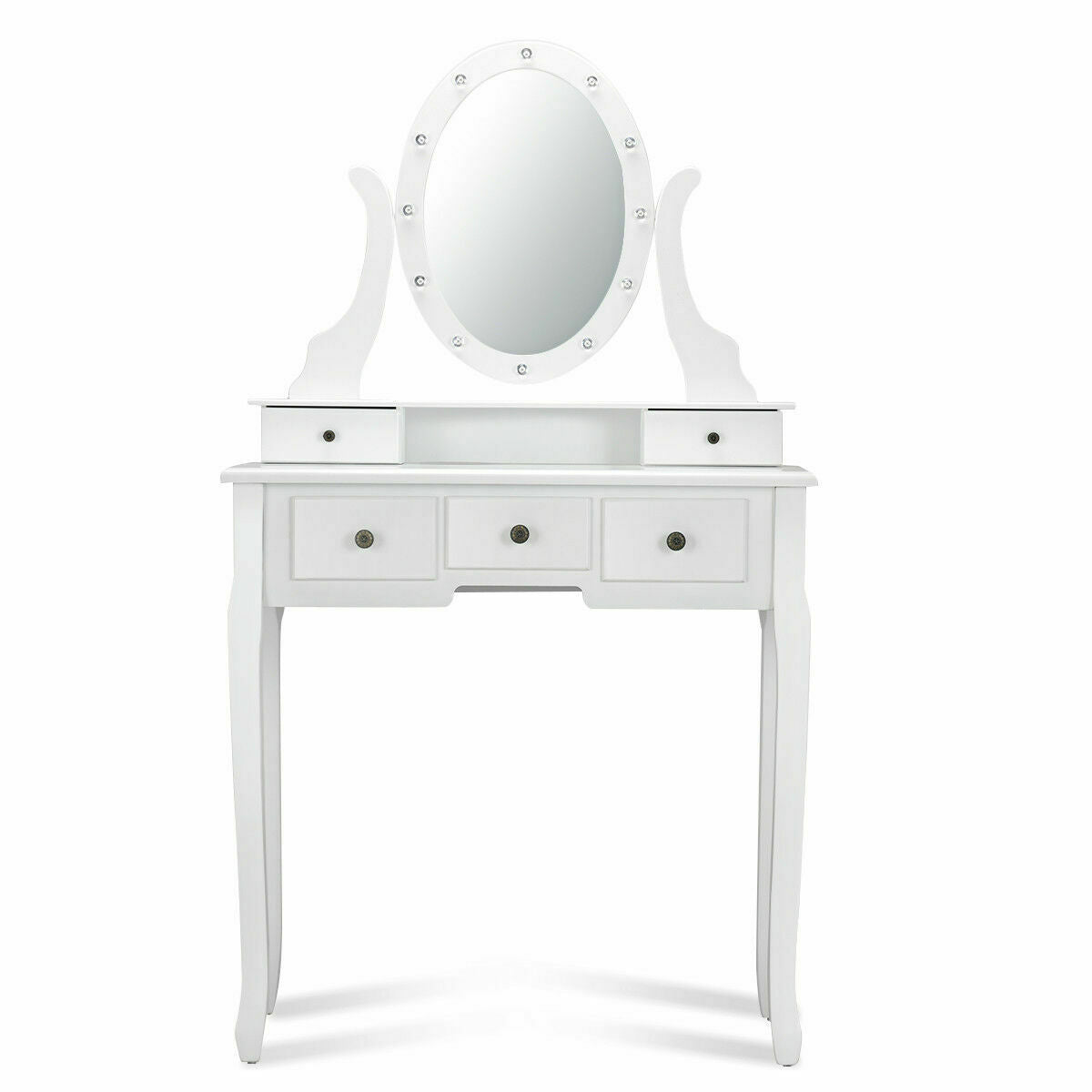 Vanity Table Set with 5 Drawers, Lighted Mirror with 12 LED Bulbs, and Cushioned Stool – White