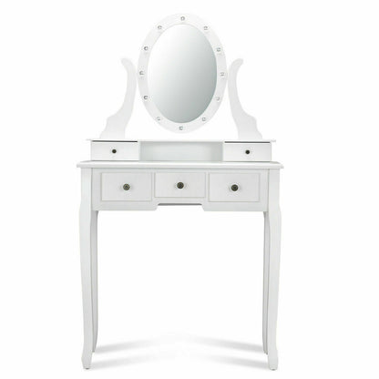 Vanity Table Set with 5 Drawers, Lighted Mirror with 12 LED Bulbs, and Cushioned Stool – White
