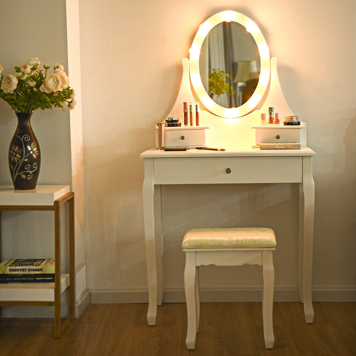 Vanity Makeup Table Set with 3 Drawers, Lighted Mirror, and Cushioned Stool - White