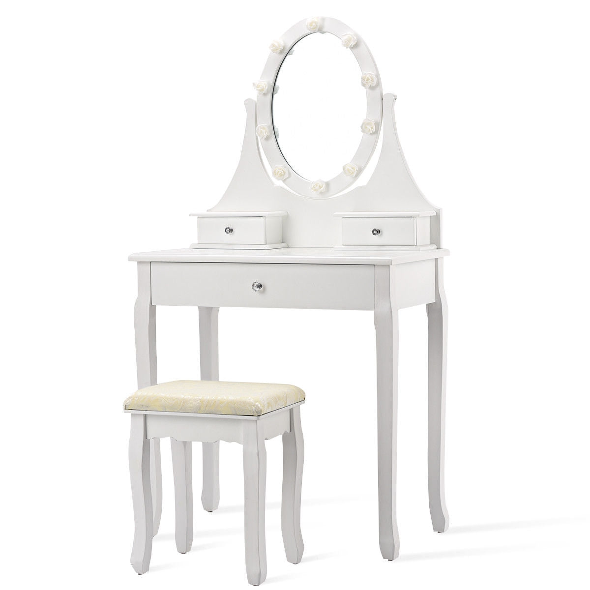Vanity Makeup Table Set with 3 Drawers, Lighted Mirror, and Cushioned Stool - White