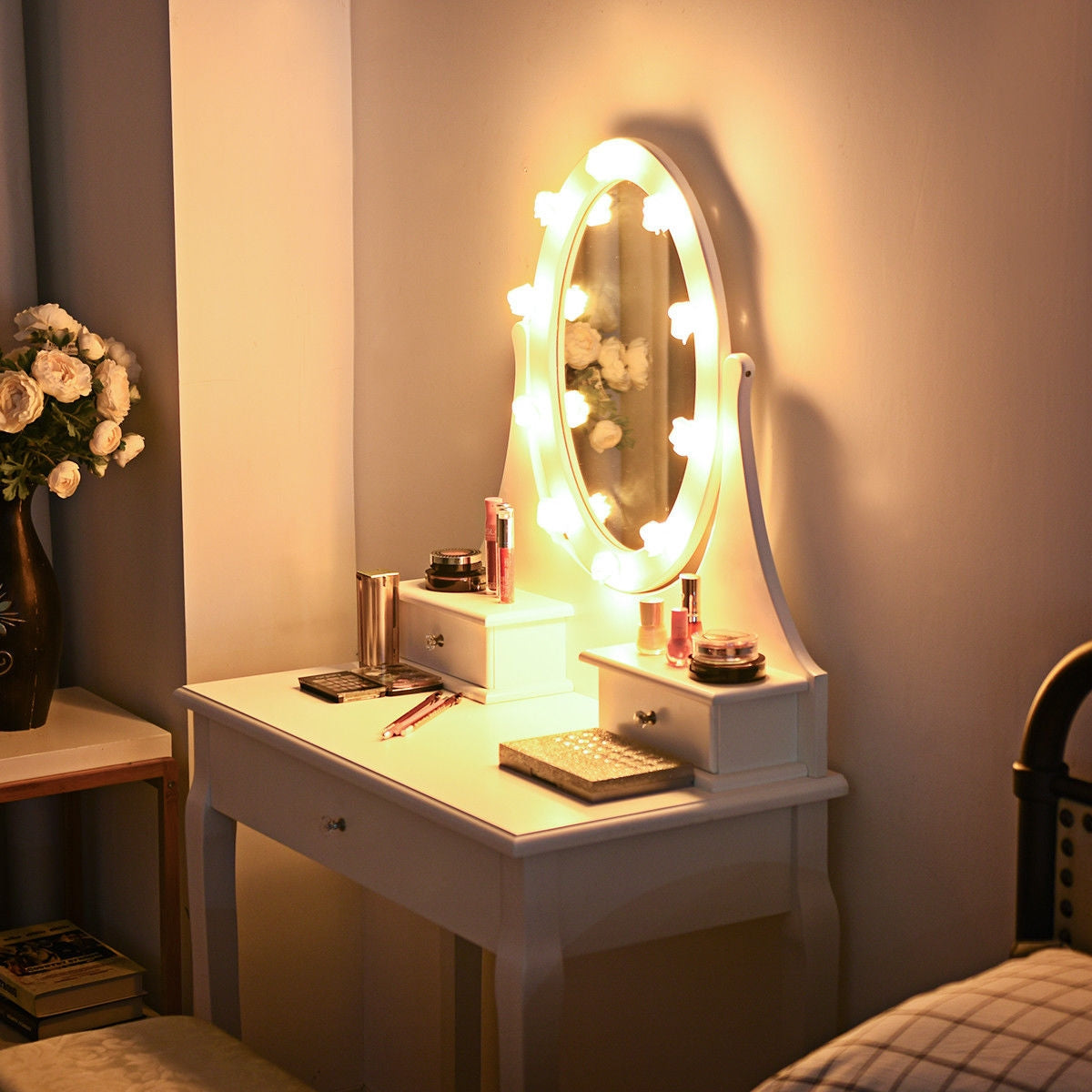 Vanity Makeup Table Set with 3 Drawers, Lighted Mirror, and Cushioned Stool - White