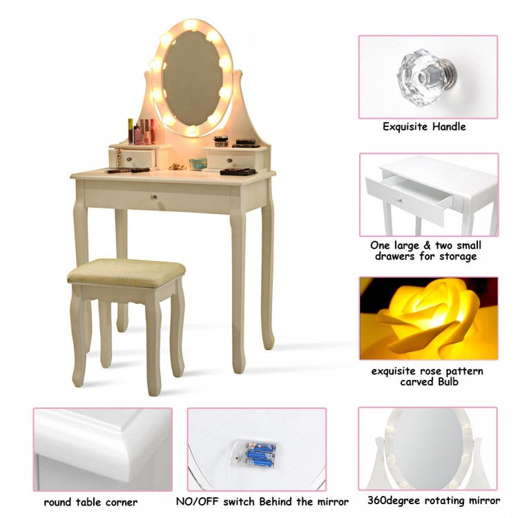 Vanity Makeup Table Set with 3 Drawers, Lighted Mirror, and Cushioned Stool - White