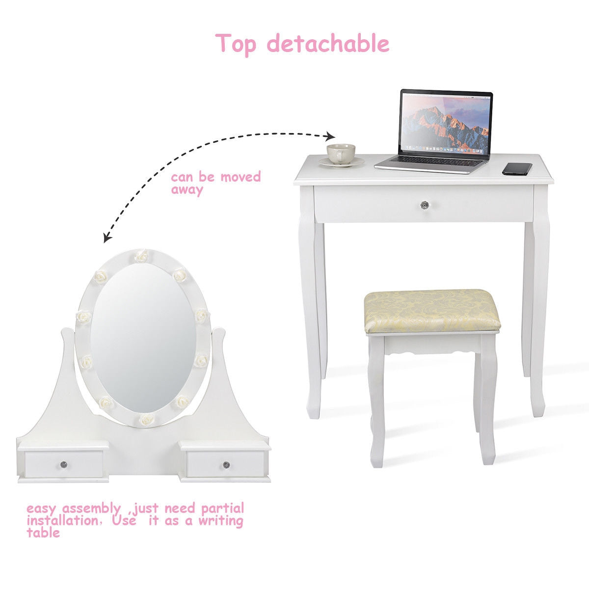 Vanity Makeup Table Set with 3 Drawers, Lighted Mirror, and Cushioned Stool - White