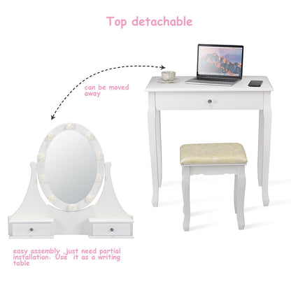 Vanity Makeup Table Set with 3 Drawers, Lighted Mirror, and Cushioned Stool - White