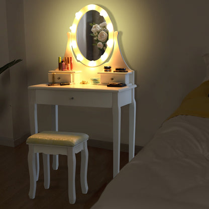 Vanity Makeup Table Set with 3 Drawers, Lighted Mirror, and Cushioned Stool - White