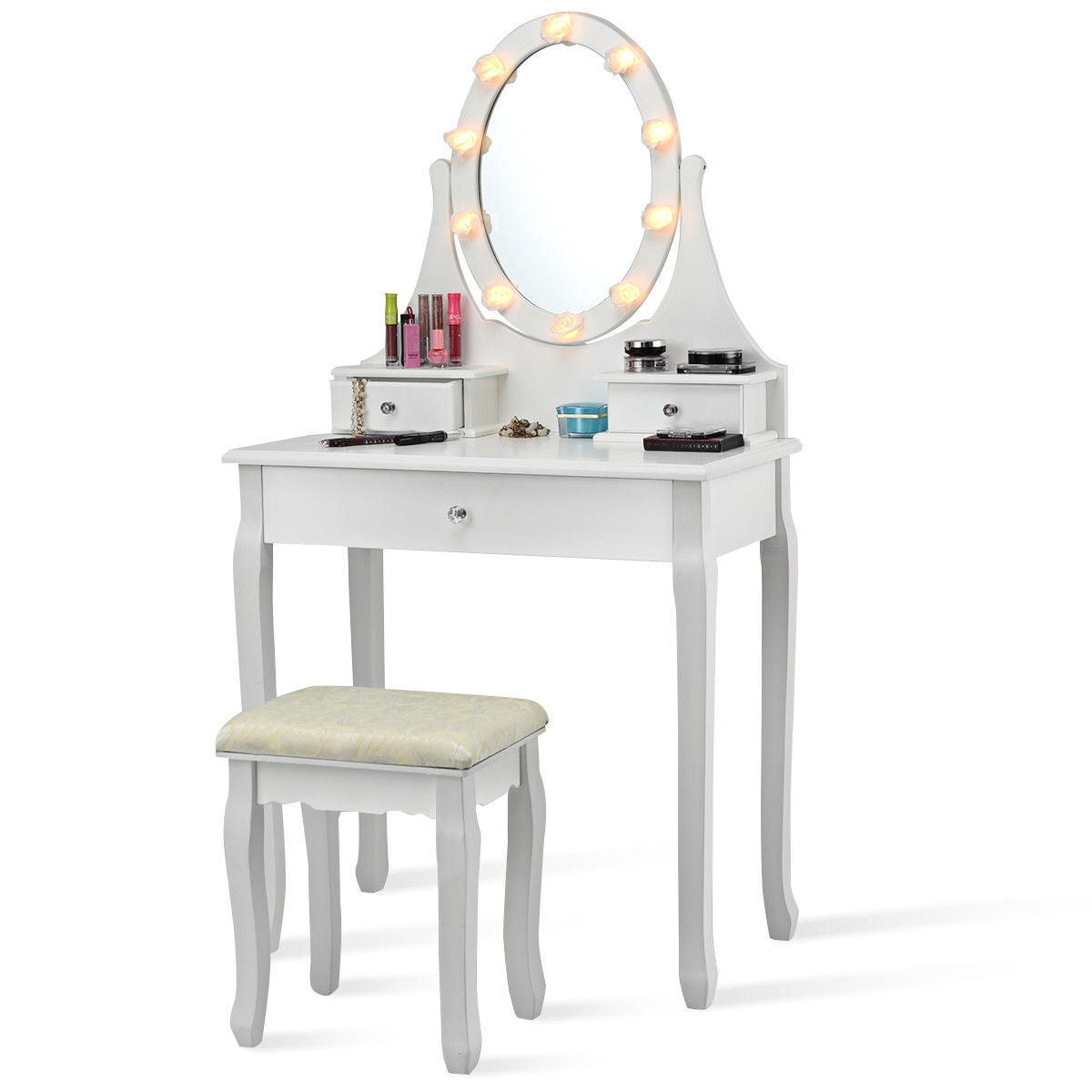 Vanity Makeup Table Set with 3 Drawers, Lighted Mirror, and Cushioned Stool - White