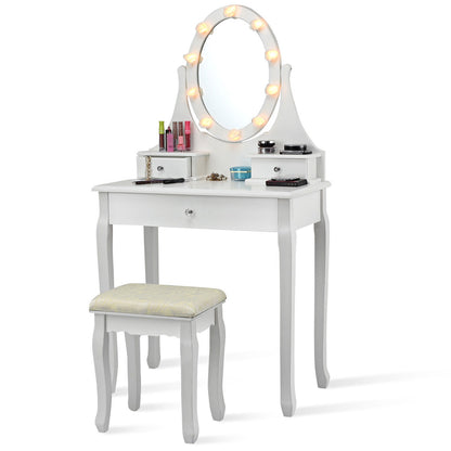 Vanity Makeup Table Set with 3 Drawers, Lighted Mirror, and Cushioned Stool - White
