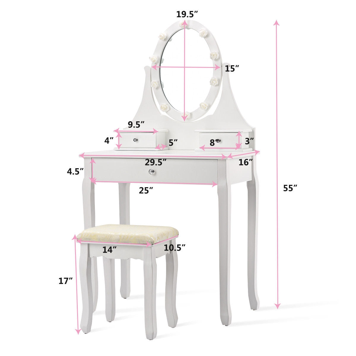Vanity Makeup Table Set with 3 Drawers, Lighted Mirror, and Cushioned Stool - White