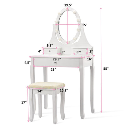 Vanity Makeup Table Set with 3 Drawers, Lighted Mirror, and Cushioned Stool - White
