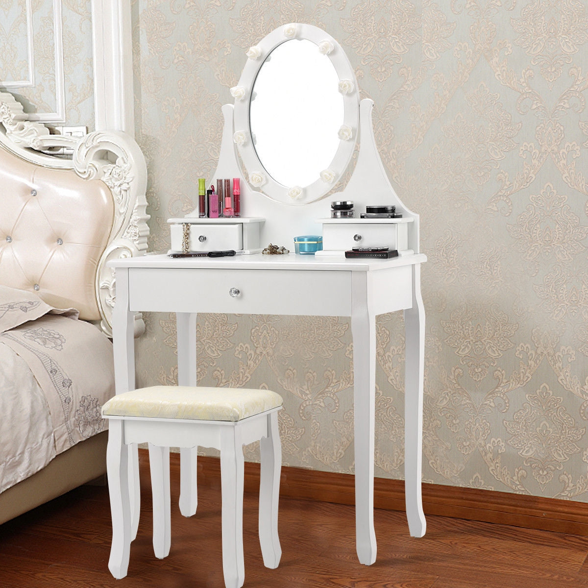 Vanity Makeup Table Set with 3 Drawers, Lighted Mirror, and Cushioned Stool - White