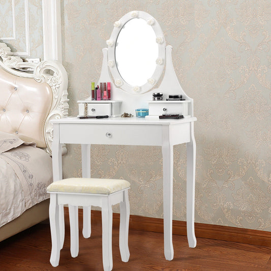 Vanity Makeup Table Set with 3 Drawers, Lighted Mirror, and Cushioned Stool - White