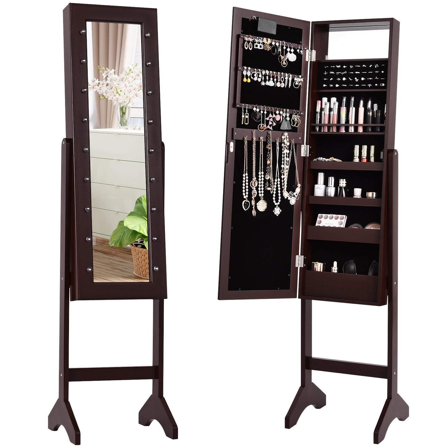 Freestanding Mirrored Jewelry Armoire with LED Lights and Storage Organizer – Brown