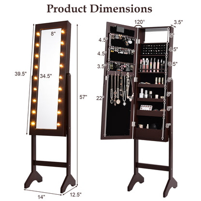 Freestanding Mirrored Jewelry Armoire with LED Lights and Storage Organizer – Brown