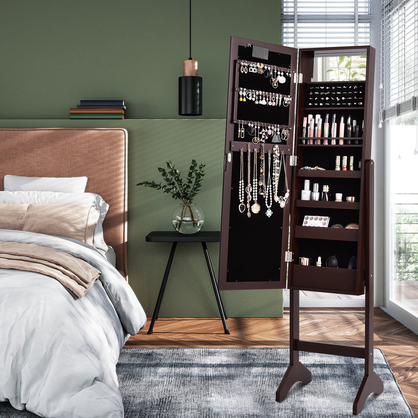 Freestanding Mirrored Jewelry Armoire with LED Lights and Storage Organizer – Brown