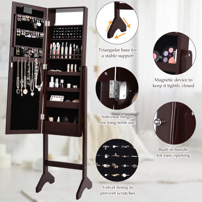 Freestanding Mirrored Jewelry Armoire with LED Lights and Storage Organizer – Brown