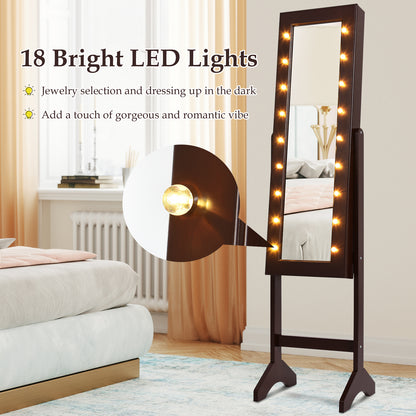 Freestanding Mirrored Jewelry Armoire with LED Lights and Storage Organizer – Brown