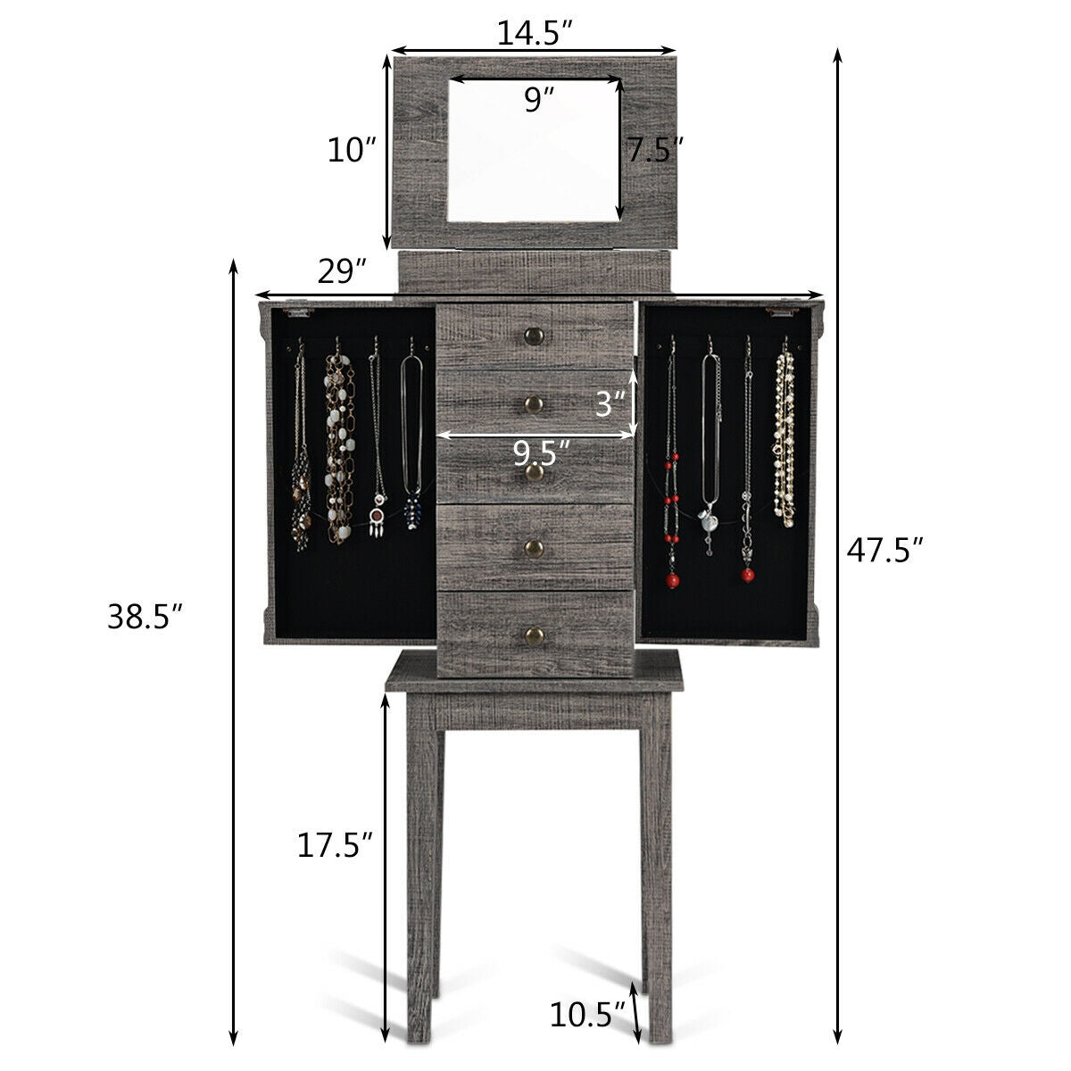 Freestanding Jewelry Armoire with Mirror, Drawers, and Solid Wood Legs