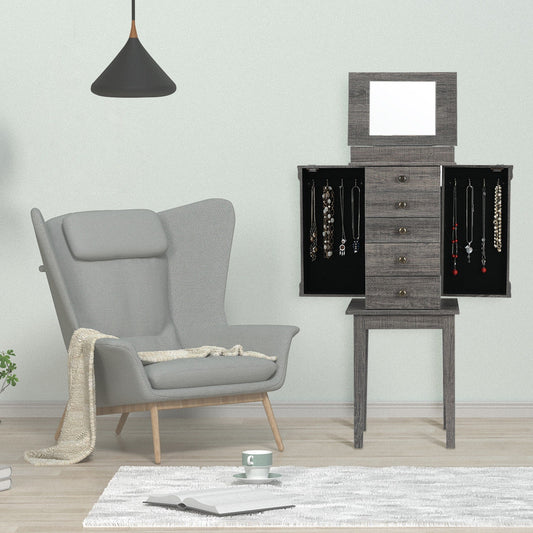 Freestanding Jewelry Armoire with Mirror, Drawers, and Solid Wood Legs