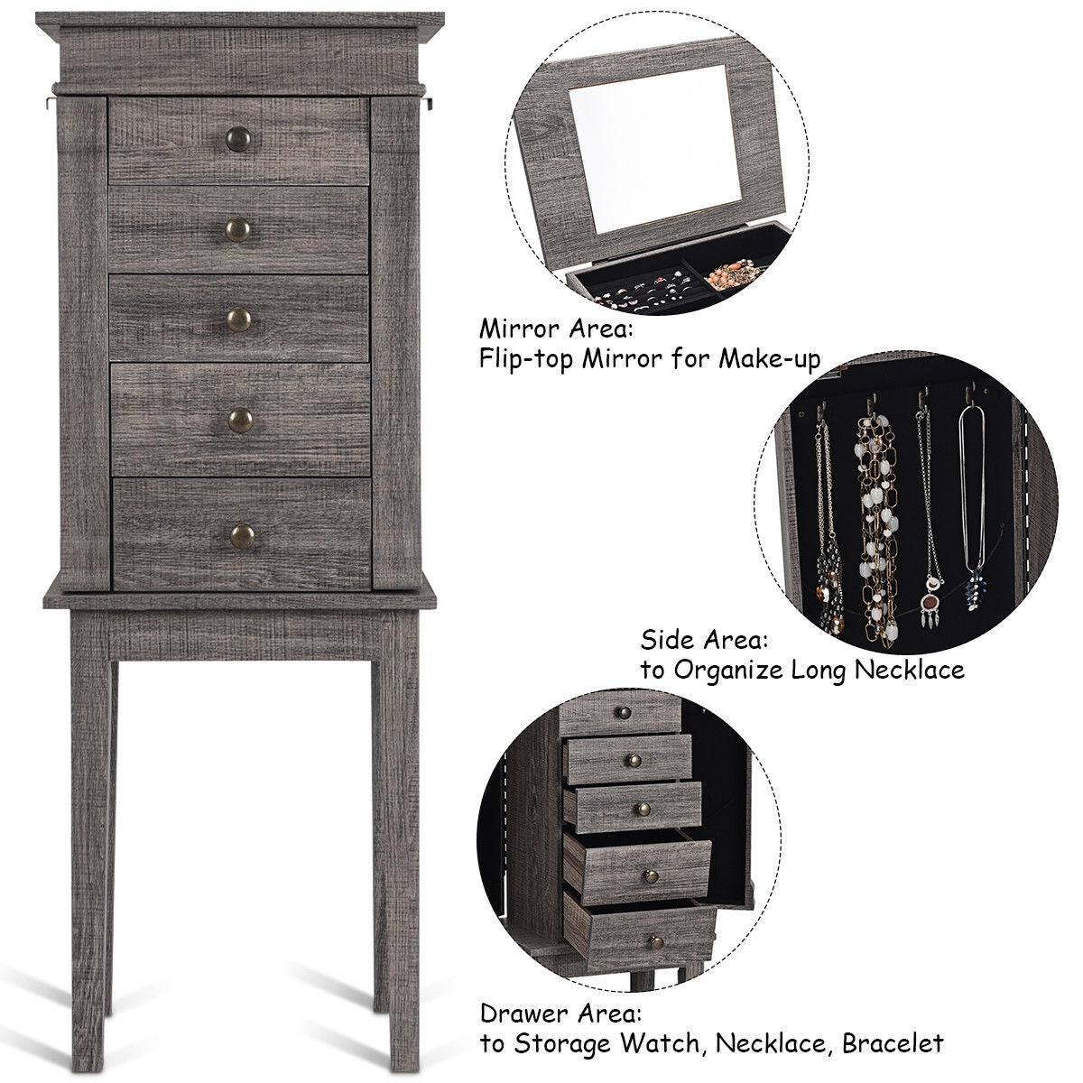 Freestanding Jewelry Armoire with Mirror, Drawers, and Solid Wood Legs