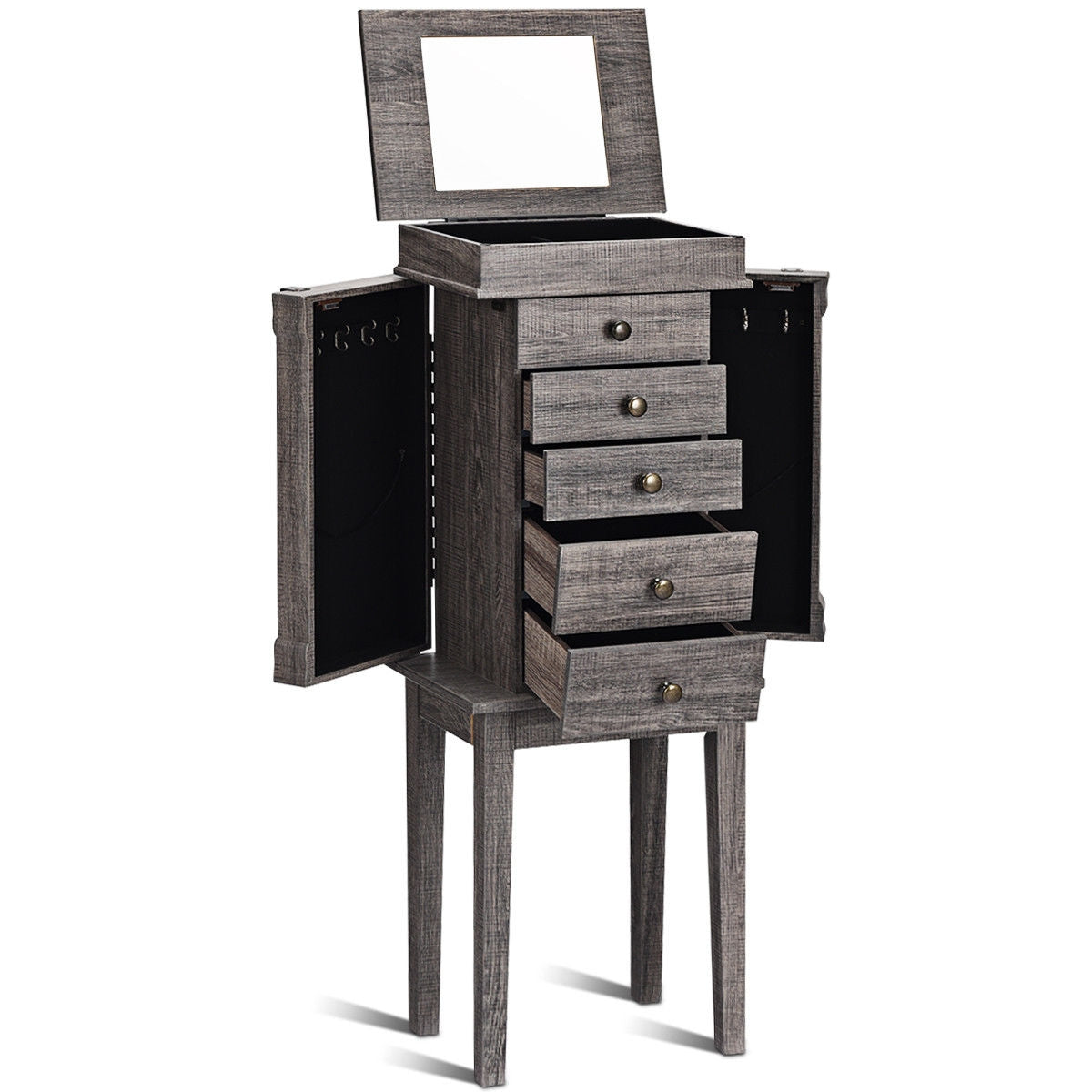 Freestanding Jewelry Armoire with Mirror, Drawers, and Solid Wood Legs