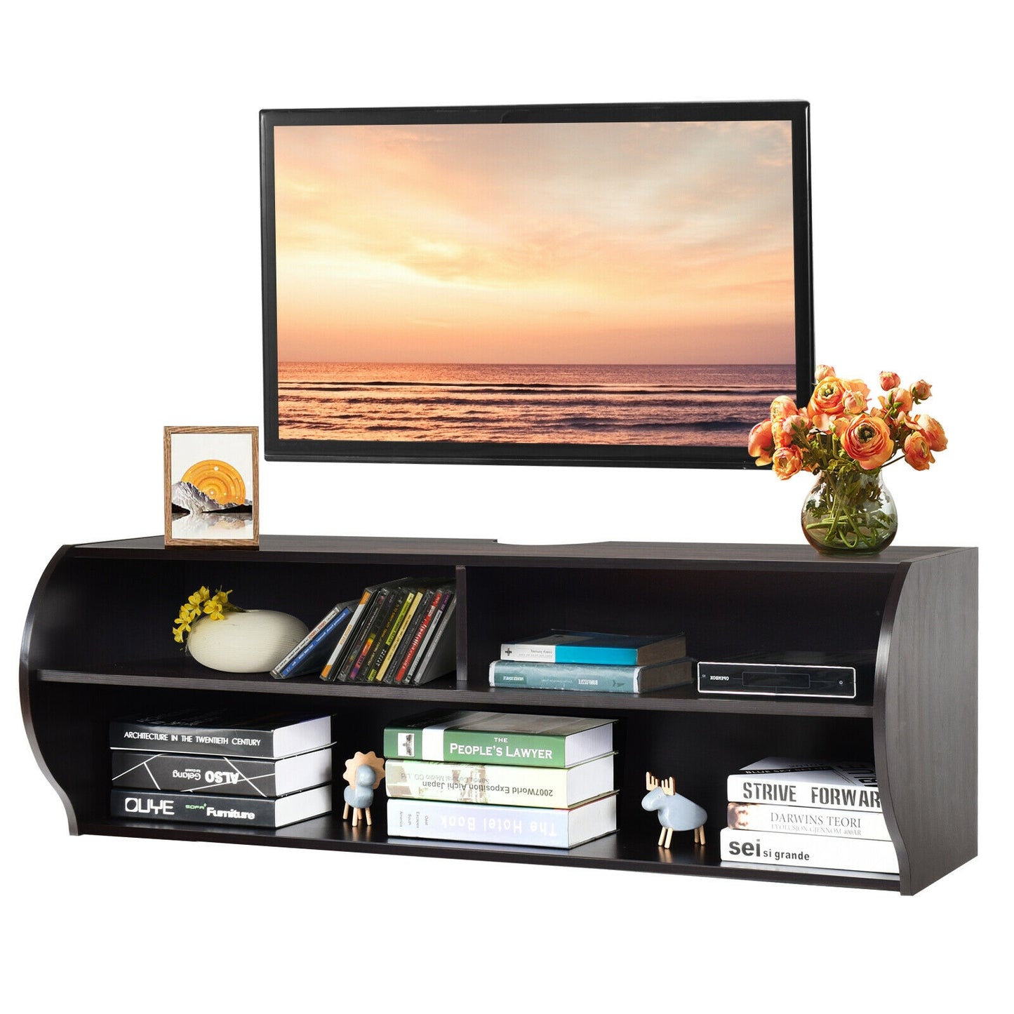 Sleek Wall Mounted Display and Storage Shelf with Open Tiers – Brown