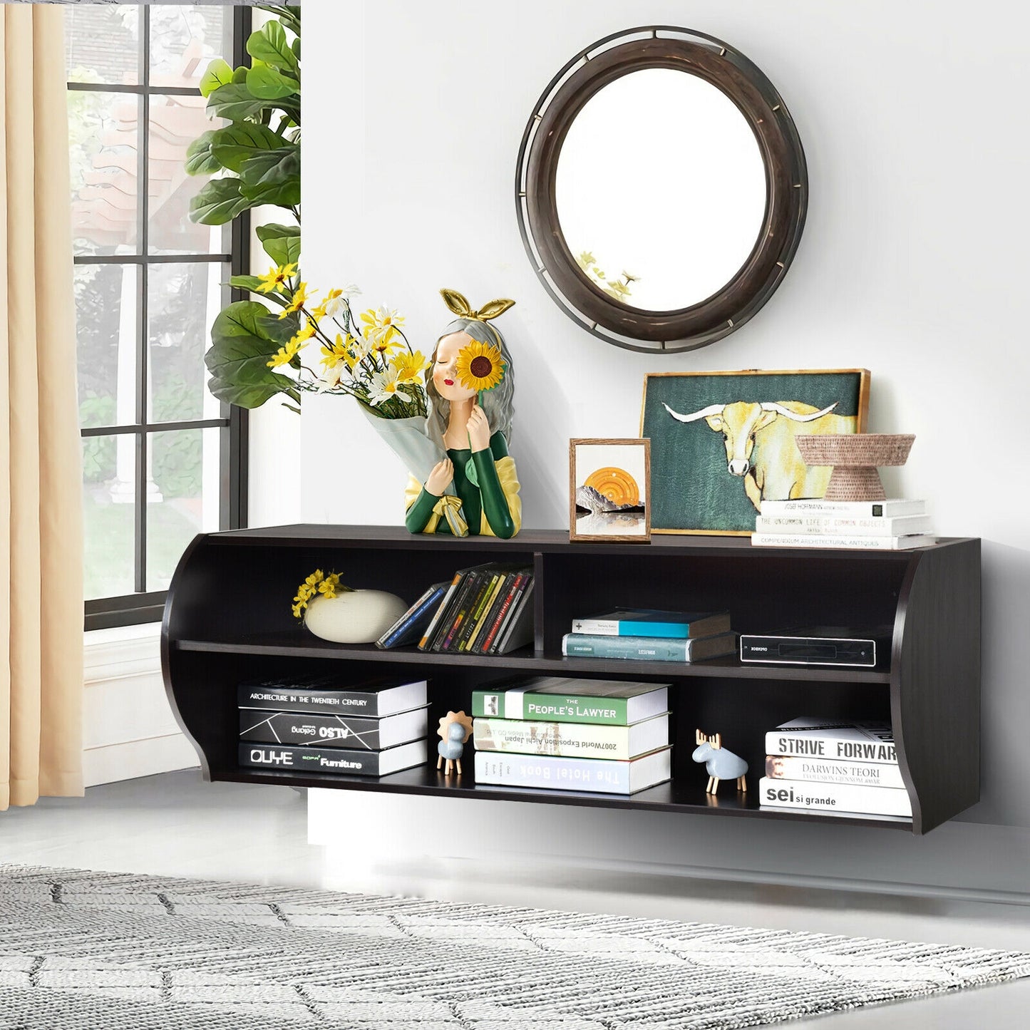 Sleek Wall Mounted Display and Storage Shelf with Open Tiers – Brown