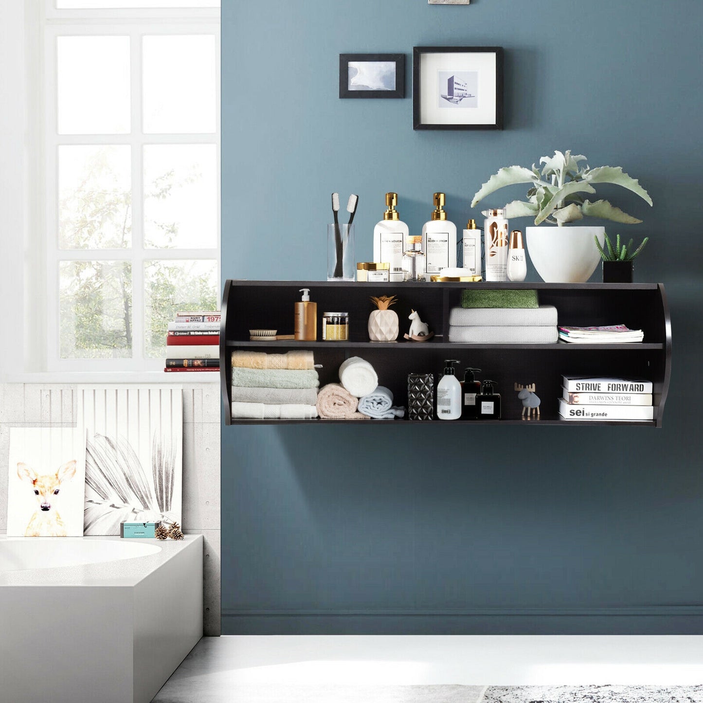 Sleek Wall Mounted Display and Storage Shelf with Open Tiers – Brown