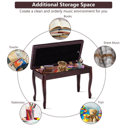 Classic Piano Bench with Storage Compartment and PU Leather Cushion - Brown