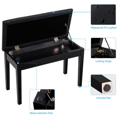 Comfortable PU Leather Piano Bench with Sturdy Solid Wood Base for Keyboard - Black