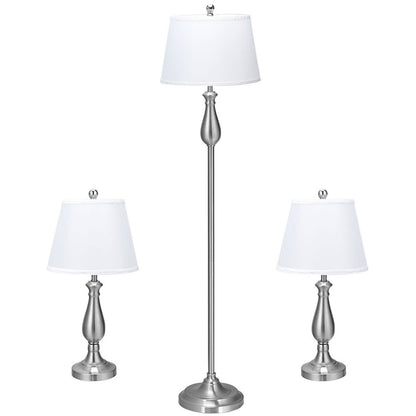 Elegant 3 Piece Brushed Nickel Lamp Set with White Fabric Shades - Silver