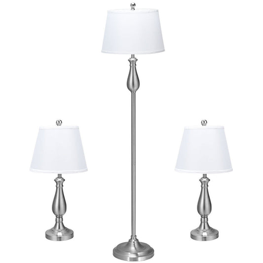 Elegant 3 Piece Brushed Nickel Lamp Set with White Fabric Shades - Silver