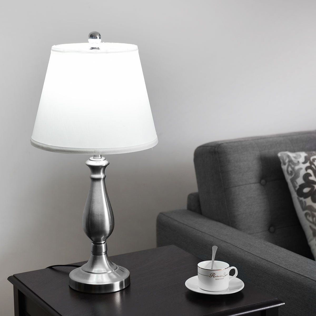 Elegant 3 Piece Brushed Nickel Lamp Set with White Fabric Shades - Silver