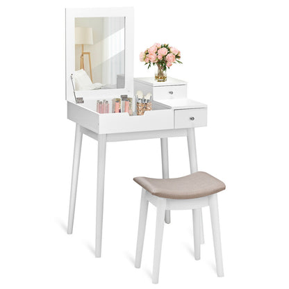 White Vanity Set with Flip Mirror, Storage Drawers, and Cushioned Stool