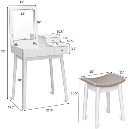 White Vanity Set with Flip Mirror, Storage Drawers, and Cushioned Stool