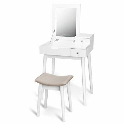 White Vanity Set with Flip Mirror, Storage Drawers, and Cushioned Stool