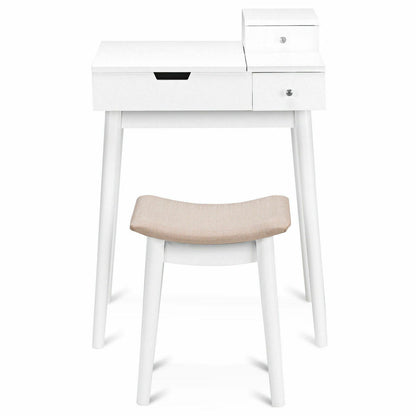 White Vanity Set with Flip Mirror, Storage Drawers, and Cushioned Stool