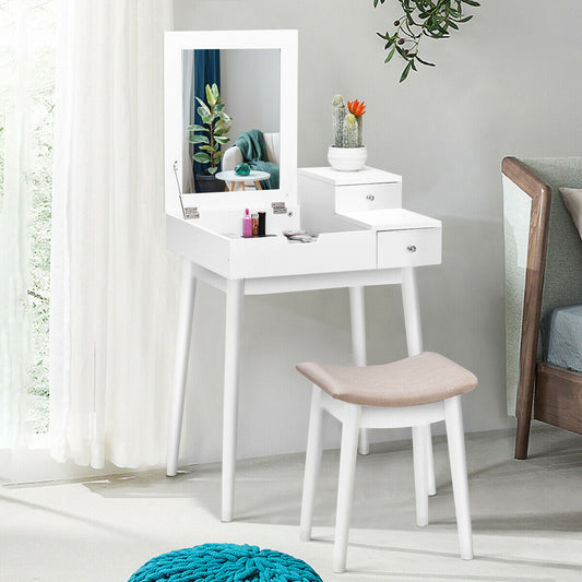 White Vanity Set with Flip Mirror, Storage Drawers, and Cushioned Stool