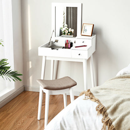 White Vanity Set with Flip Mirror, Storage Drawers, and Cushioned Stool