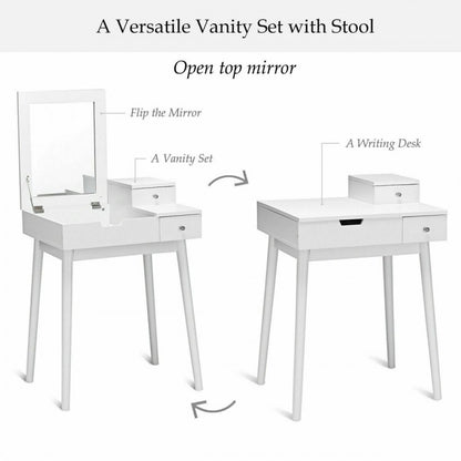 White Vanity Set with Flip Mirror, Storage Drawers, and Cushioned Stool